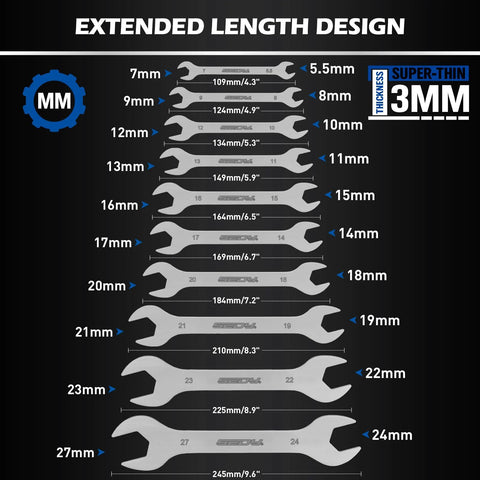 10-Piece Ultra Thin Open End Wrench Set Metric 5.5–27mm, 3mm Thick Slim Wrenches with extended length design diagram.