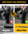 Comparison of regular vs Ultra Slim 19 Piece Open End Wrench Set With Roll Up Pouch, 3 mm Ultra Thin Profile For Tight Spaces.