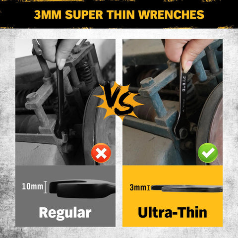 Comparison of regular vs Ultra Slim 19 Piece Open End Wrench Set With Roll Up Pouch, 3 mm Ultra Thin Profile For Tight Spaces.