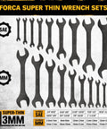 Ultra Slim 19 Piece Open End Wrench Set With Roll Up Pouch, SAE and Metric, 3 mm Ultra Thin Profile, displayed on textured background.