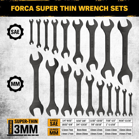 Ultra Slim 19 Piece Open End Wrench Set With Roll Up Pouch, SAE and Metric, 3 mm Ultra Thin Profile, displayed on textured background.