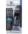 Ultra Black Oil Resistant RTV Silicone Gasket Maker in 3.35 oz tube, packaging showing details on oil resistance and temperature range.