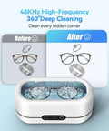 48KHz Ultrasonic Jewelry Cleaner With Dual Cleaning Modes 12oz 304 Stainless Steel Tank showing before and after cleaning results for jewelry and eyeglasses.
