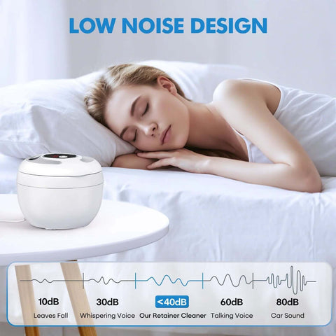 Woman sleeping next to Ultrasonic Retainer Cleaner 45kHz 200ml With UV Sterilization for dentures and jewelry, highlighting low noise design.