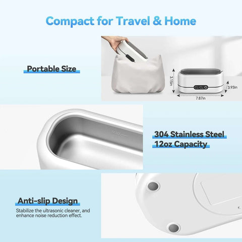 48KHz Ultrasonic Jewelry Cleaner With Dual Cleaning Modes 12oz 304 Stainless Steel Tank highlighting portable size and anti-slip design