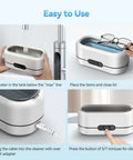 Instructions for using the 48KHz Ultrasonic Jewelry Cleaner with dual cleaning modes, showing setup, eyeglasses placement, and button operation.