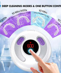 Ultrasonic Retainer Cleaner 45kHz 200ml With UV Sterilization modes display with hand using one-button control for dental appliances.