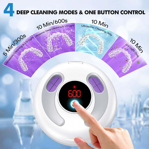 Ultrasonic Retainer Cleaner 45kHz 200ml With UV Sterilization modes display with hand using one-button control for dental appliances.