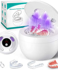 Ultrasonic Retainer Cleaner 45kHz 200ml With UV Sterilization, showing open lid, dentures, and cleaning accessories