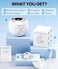 Ultrasonic Retainer Cleaner 45kHz 200ml With UV Sterilization kit, includes cleaner, adapter, manual, drain basket, and tweezers on display.