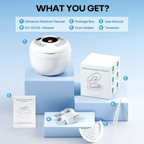 Ultrasonic Retainer Cleaner 45kHz 200ml With UV Sterilization kit, includes cleaner, adapter, manual, drain basket, and tweezers on display.
