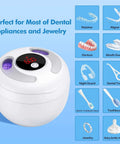 Ultrasonic Retainer Cleaner 45kHz 200ml with UV Sterilization, suitable for dental appliances and jewelry, product diagram.
