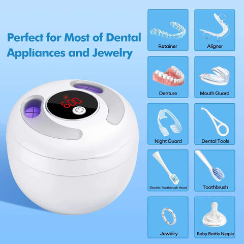 Ultrasonic Retainer Cleaner 45kHz 200ml with UV Sterilization, suitable for dental appliances and jewelry, product diagram.