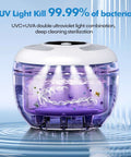 Ultrasonic Retainer Cleaner 45kHz 200ml With UV Sterilization for dentures and aligners, showcasing UV light action inside the device.