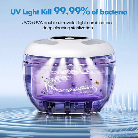 Ultrasonic Retainer Cleaner 45kHz 200ml With UV Sterilization for dentures and aligners, showcasing UV light action inside the device.