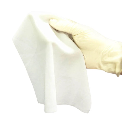 Ultrasonic Sealed Edge Cleanroom Wiper For Sensitive Surfaces 9 Inch By 9 Inch Polyester Knit shown in a hand