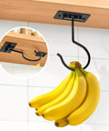 Kitchen hanging banana hook installed under wooden shelf, holding a bunch of yellow bananas. Inset shows close-up of hook installation.
