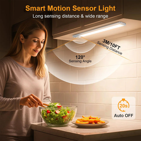 Woman chopping salad under 10.2 Inch Under Cabinet Lighting Kit Rechargeable 2 Pack with Motion Sensor in kitchen.
