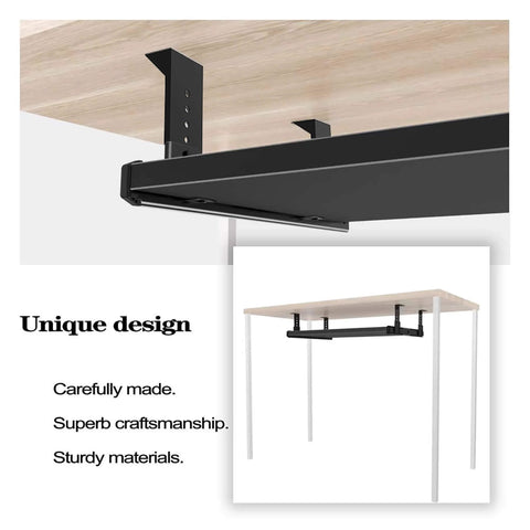 Under-desk installation of FRMSAET Sliding Keyboard Drawer Tray Hardware with 12-inch heavy-duty black metal slides.