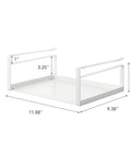 Home Plate Under Shelf Storage Rack - Cabinet Organizer - Steel with dimensions and fitting details for kitchen shelves.