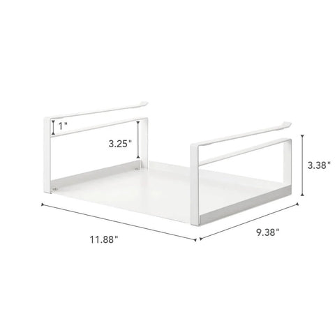 Home Plate Under Shelf Storage Rack - Cabinet Organizer - Steel with dimensions and fitting details for kitchen shelves.