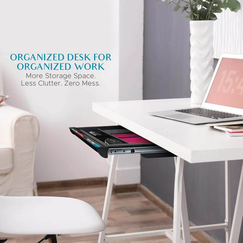 Side view of Pencil Drawer by NYCCO Underdesk Drawer 23 Inch Wide - Ball-Bearing Slides - Black, installed under white desk.