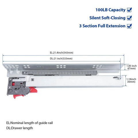 Undermount Soft Close Drawer Slides 21 Inch Full Extension Concealed Drawer Runners with diagram and measurements