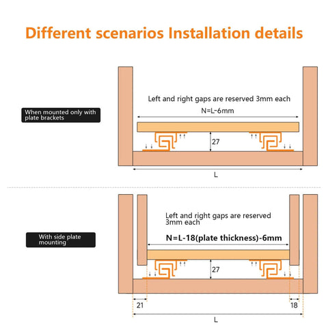 Diagram showing installation details for Undermount Shelf Drawer Slide With Soft Close Full Extension Bottom Support.