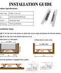 Installation guide for undermount shelf drawer slide with soft close full extension bottom support, specifications and steps shown.