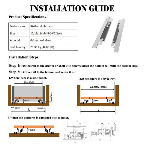 Installation guide for undermount shelf drawer slide with soft close full extension bottom support, specifications and steps shown.