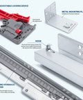 Components of undermount soft close drawer slides, including locking device, metal mounting plate, and concealed runners with 100 LB load capacity.