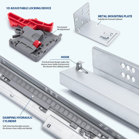 Components of undermount soft close drawer slides, including locking device, metal mounting plate, and concealed runners with 100 LB load capacity.