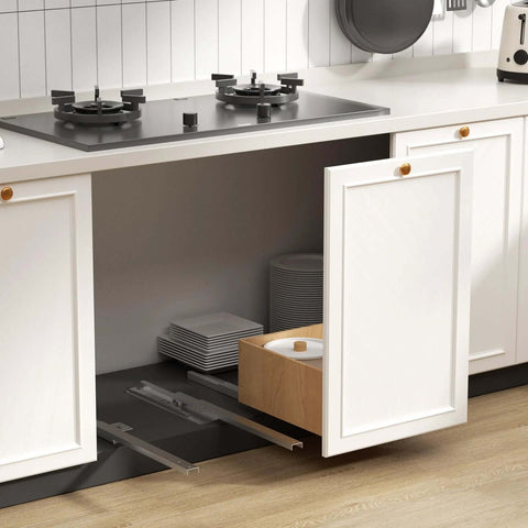 Kitchen cabinet with undermount shelf drawer slide with soft close full extension bottom support under mount pull out drawer track