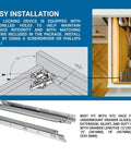 Pair Of Undermount Drawer Slide Front Plastic Locking Devices In Grey With Screws, installation instructions and drawer detail view