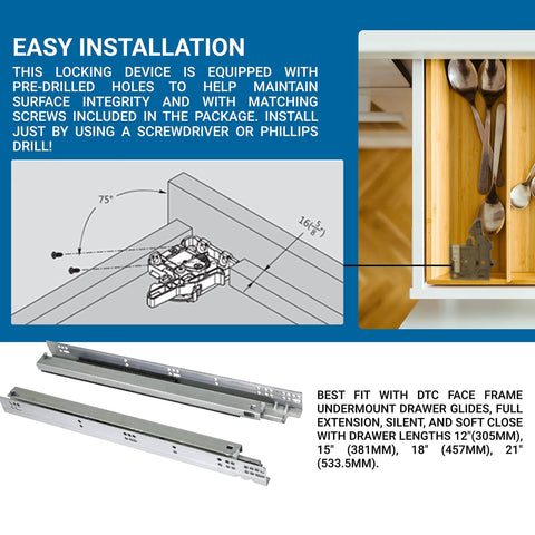 Pair Of Undermount Drawer Slide Front Plastic Locking Devices In Grey With Screws, installation instructions and drawer detail view
