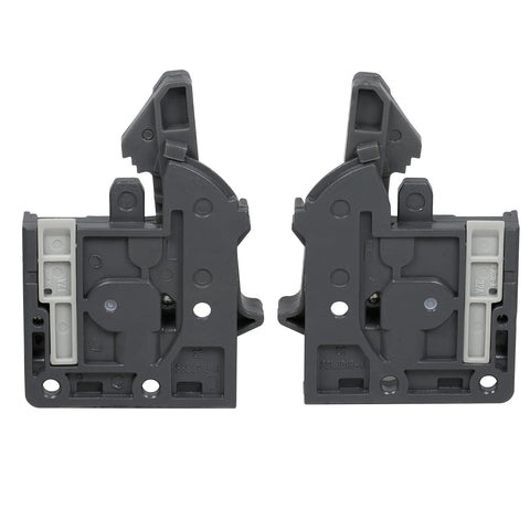 Pair Of Undermount Drawer Slide Front Plastic Locking Devices In Grey With Screws Included For Easy Installation And Adjustment.