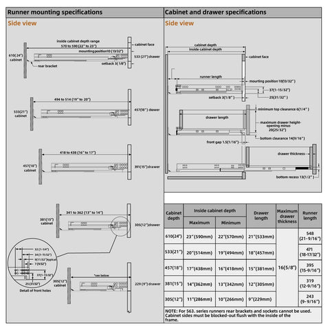 Technical specifications for undermount soft close drawer slides, showing dimensions and installation details for face frame cabinets.
