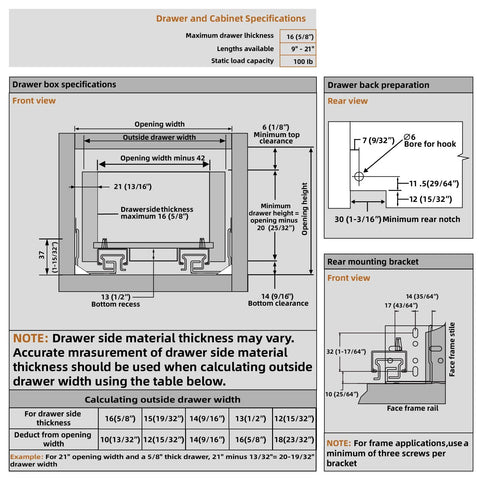 Technical specifications for Undermount Soft Close Drawer Slides 9 to 21 Inch, showing dimensions and installation details.