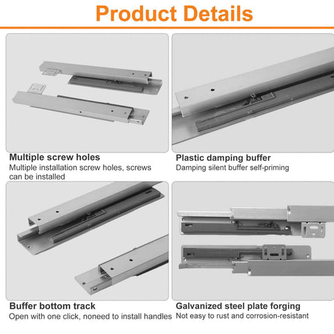Detailed view of undermount shelf drawer slide with soft close full extension bottom support for kitchen cabinets.