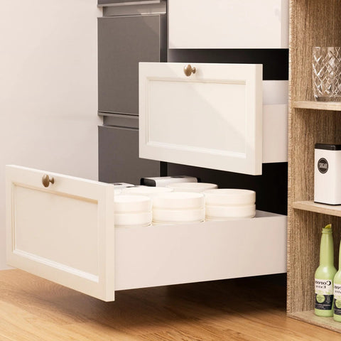 Undermount Soft Close Drawer Slides 9 To 21 Inch installed in kitchen cabinet, showing full extension and smooth operation, 100 lb support.