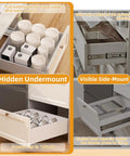 Comparison of hidden undermount and visible side-mount drawer slides, showing full extension and limited load capacity.