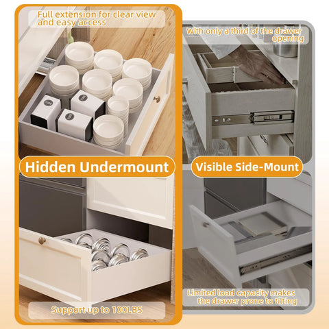 Comparison of hidden undermount and visible side-mount drawer slides, showing full extension and limited load capacity.