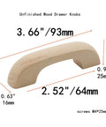 Unfinished Beech Wood Drawer Knob Set 2 Pack Paintable Cabinet Handles For Cupboard And Closet Drawers 3.66 Inch Length With 2.52 Inch Center To Center Hole Spacing Smooth Burr Free Finish Includes M4 Screws with dimensions shown.