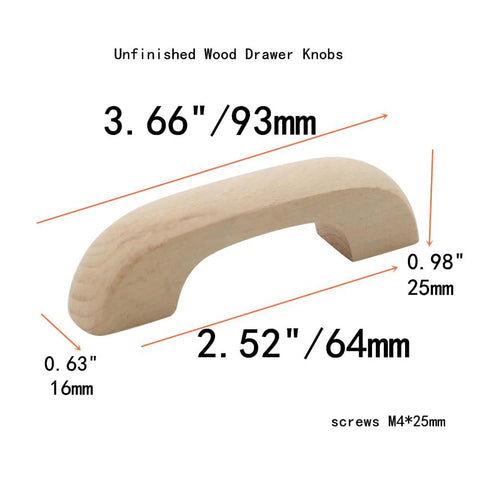 Unfinished Beech Wood Drawer Knob Set 2 Pack Paintable Cabinet Handles For Cupboard And Closet Drawers 3.66 Inch Length With 2.52 Inch Center To Center Hole Spacing Smooth Burr Free Finish Includes M4 Screws with dimensions shown.