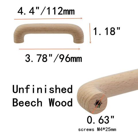 Six Pack Beech Wood Unfinished Round Arched Bridge Furniture Pulls Handles Set For Cabinets And Drawers with dimensions