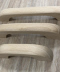 Three unfinished beech wood drawer knobs set, showing different sizes, paintable cabinet handles for cupboard and closet drawers.