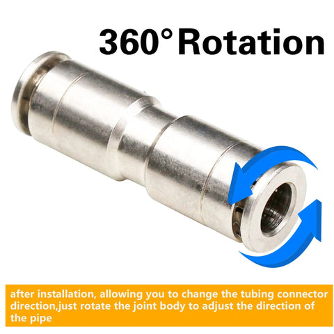 Union Straight Push To Connect Fittings One Quarter Inch Tube Quick Connect for Air and Water Lines, Nickel Plated Brass, 360° Rotation