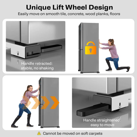 Appliance Rollers Heavy Duty, Newest Extendable Appliance Sliders, Liftable Washing Machine Base, woman moving refrigerator