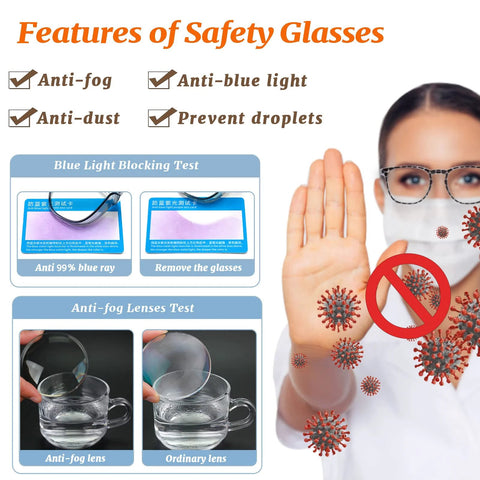 Unisex Anti Fog Safety Glasses With Blue Light Blocking Eye Protection Pack Of 2 showing features like anti-fog and blue light test.