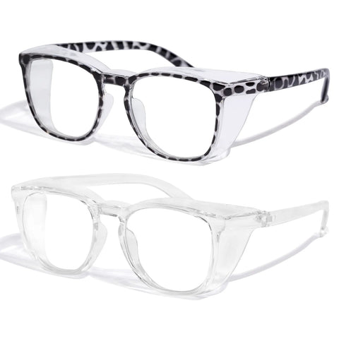 Unisex Anti Fog Safety Glasses With Blue Light Blocking Eye Protection Pack Of 2, featuring clear and patterned frames.